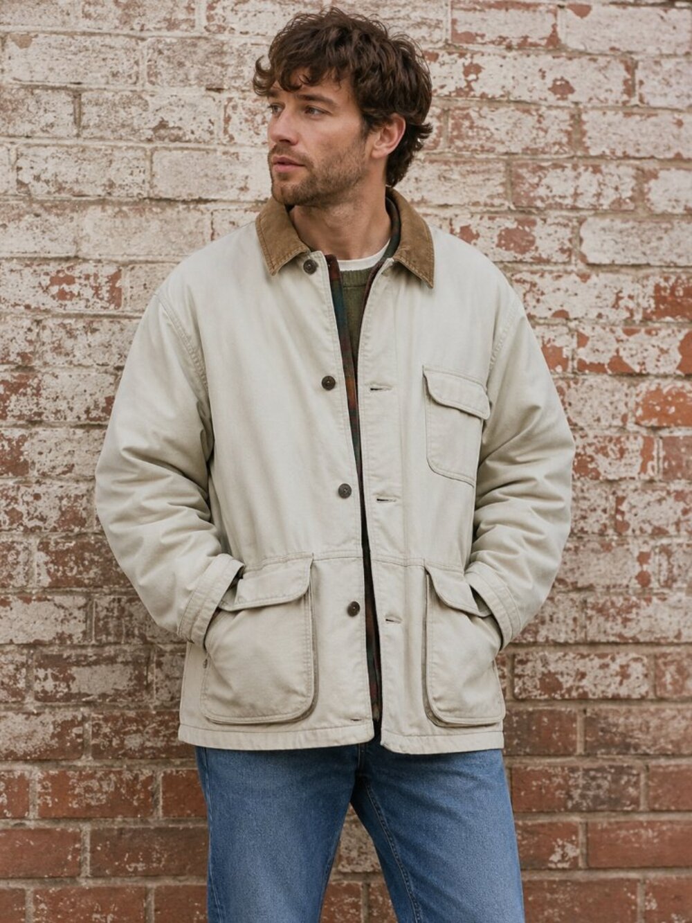 Eddie Bauer VTG SZ L Grunge Cotton Tan Chore Jacket Corduroy Collar Plaid Liner